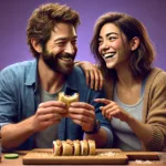 A man and woman smiling and interacting while making PB&J sandwiches