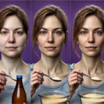 A woman photo series of weight fluctuation causes with visible fat distribution changes, highlighting facial fatness.