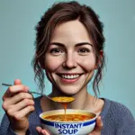 Smiling woman enjoying instant soup.