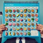 A visually appealing meal plan calendar with colorful food icons, displayed against a bright sky blue background.