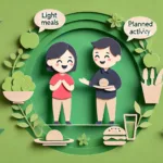 Two papercraft characters balancing light meals before a social event to indulge guilt-free eating
