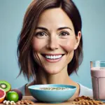 Woman surrounded by preworkout meal ingredients.