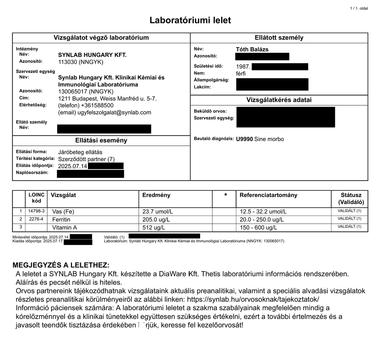 Iron, ferritin 205 micrograms per litre and vitamin A 512 micrograms per litre report for Balázs Tóth from July 2025.